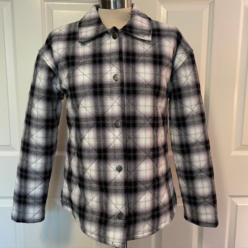 Nordstrom Abound Black White Plaid Quilted Snap Front Shacket Jacket Women XS